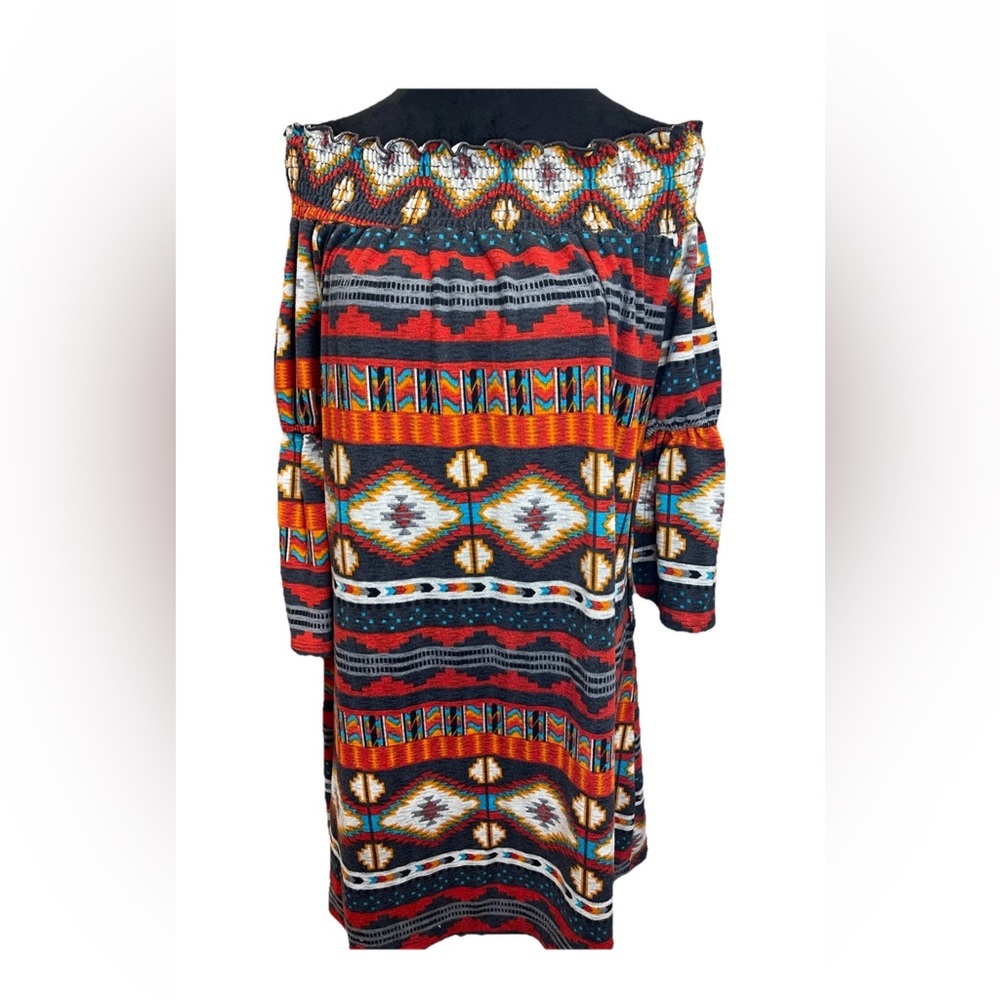Yahada made in USA Y2K Aztec print polyester soft pullover dress off shoulder LG